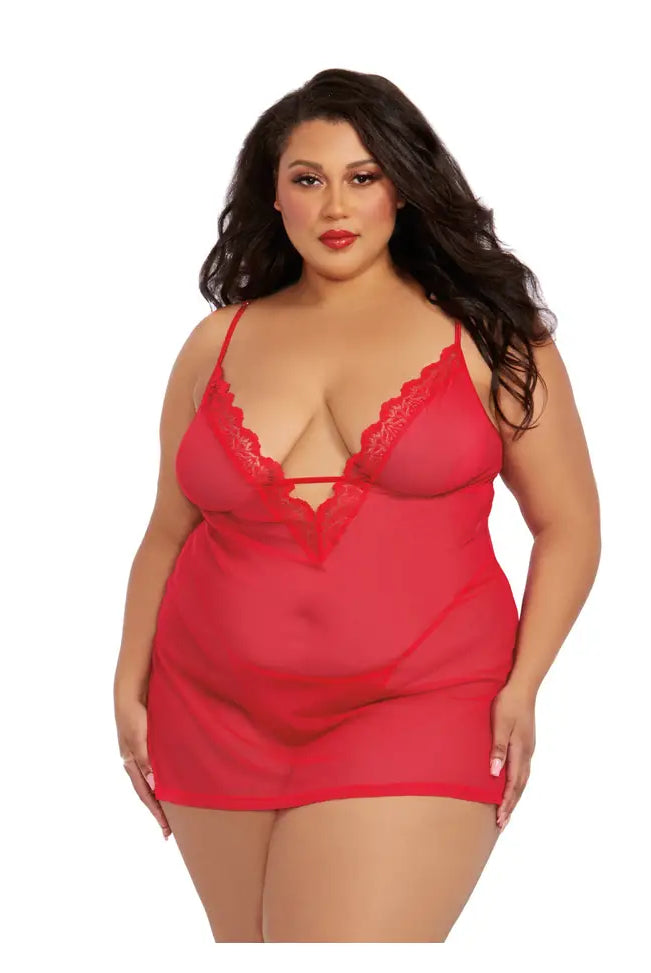 Plus Size Lace Mesh Chemise & Robe Set with G-String - Flirt! Luxe Lingerie & Sleepwear