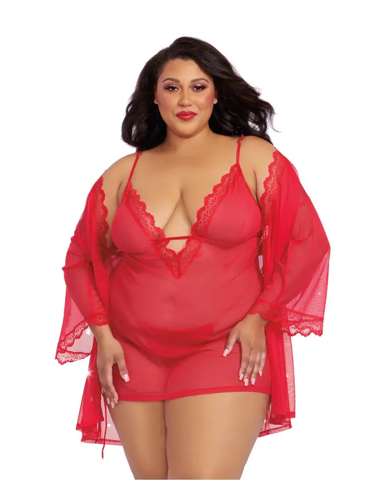 Plus Size Lace Mesh Chemise & Robe Set with G-String - Flirt! Luxe Lingerie & Sleepwear