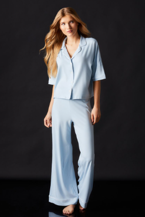 Lilly Crop Short Sleeve & Wide Leg Pant Pajama Set Ceil Blue - Flirt! Luxe Lingerie & Sleepwear