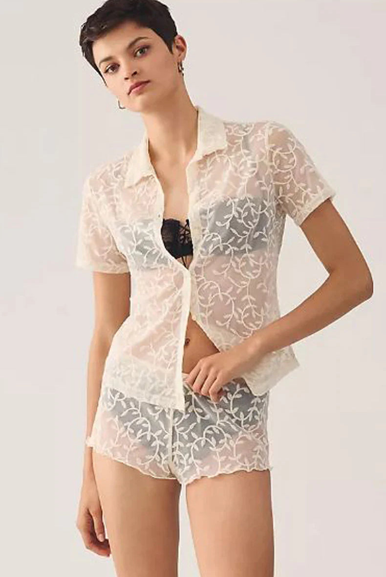 Ivy Short Sleeve Button Down Shirt - Flirt! Luxe Lingerie & Sleepwear