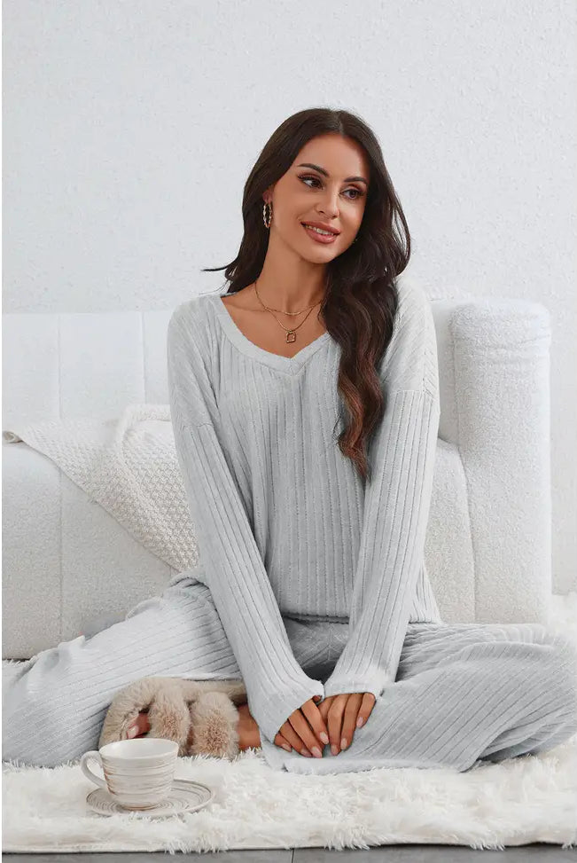 Cozy Grey Ribbed Knit Shirt - Flirt! Luxe Lingerie & Sleepwear