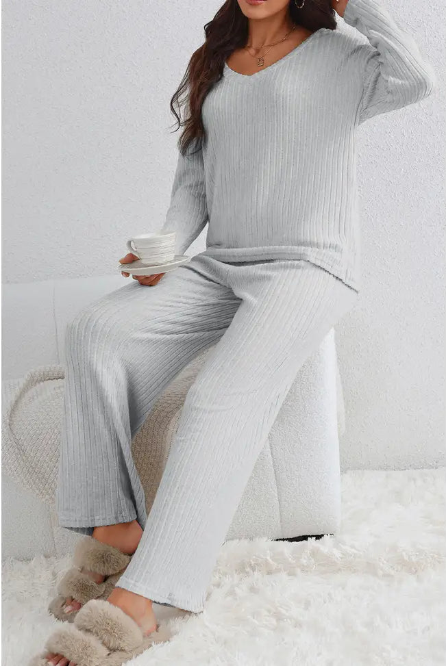 Cozy Grey Ribbed Knit Pants - Flirt! Luxe Lingerie & Sleepwear