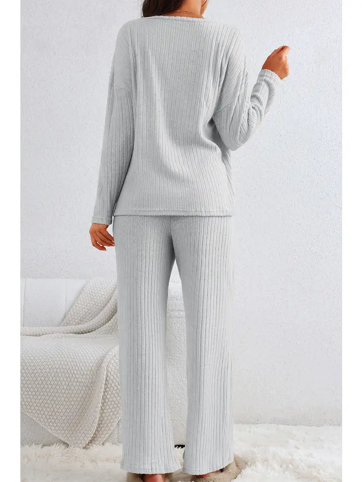 Cozy Grey Ribbed Knit Pants - Flirt! Luxe Lingerie & Sleepwear