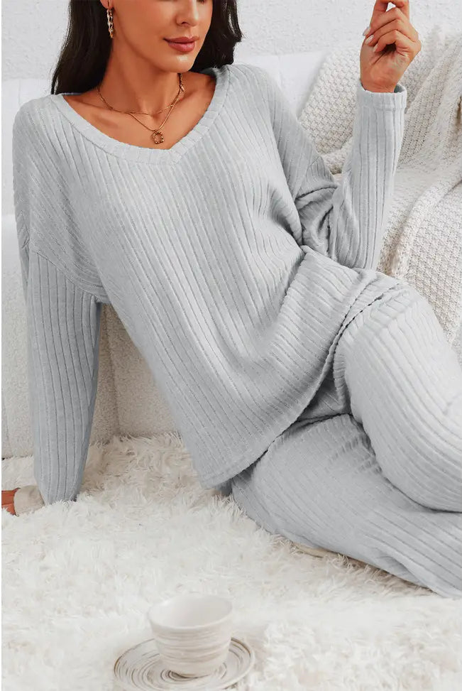 Cozy Grey Ribbed Knit Shirt - Flirt! Luxe Lingerie & Sleepwear