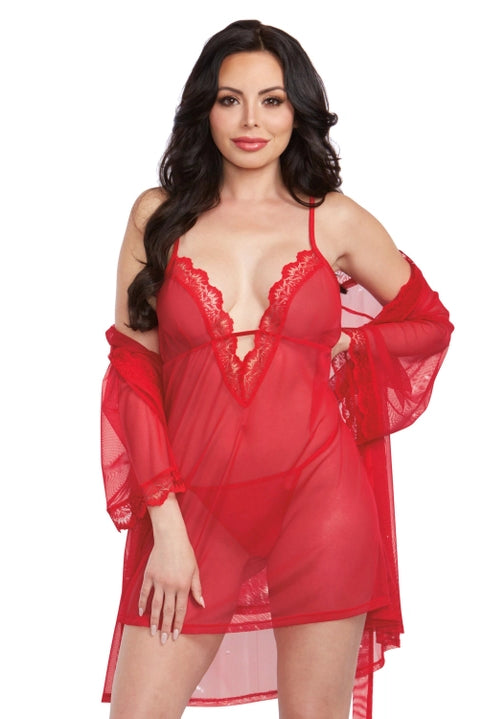 Lace Mesh Chemise & Robe Set with G-String - Flirt! Luxe Lingerie & Sleepwear