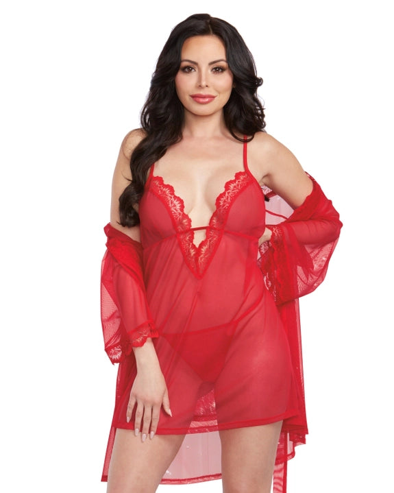 Lace Mesh Chemise & Robe Set with G-String - Flirt! Luxe Lingerie & Sleepwear