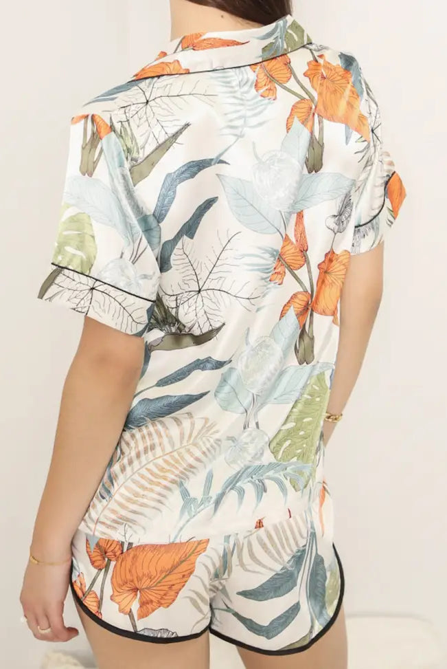 Tropical Satin Button Down Lounge Shirt - Flirt! Luxe Lingerie & Sleepwear