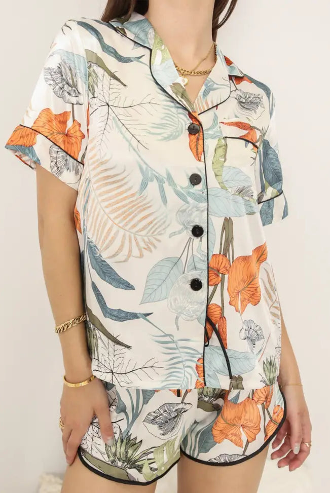 Tropical Satin Button Down Lounge Shirt - Flirt! Luxe Lingerie & Sleepwear